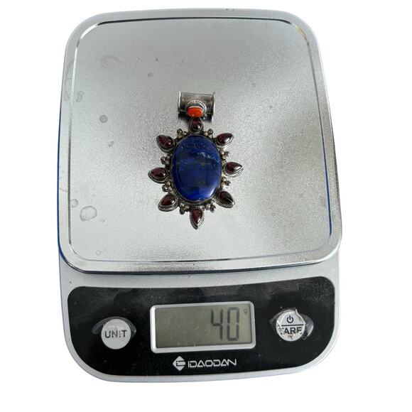 925 Sterling Silver Blue Lapis Red Coral Garnet Ornate Oval Pendant Native 40g - Picture 7 of 11